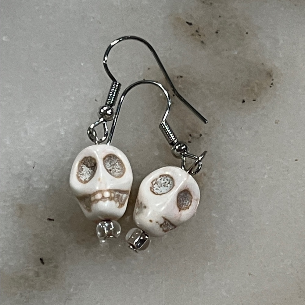 White Howlite Skull Drop Earrings
